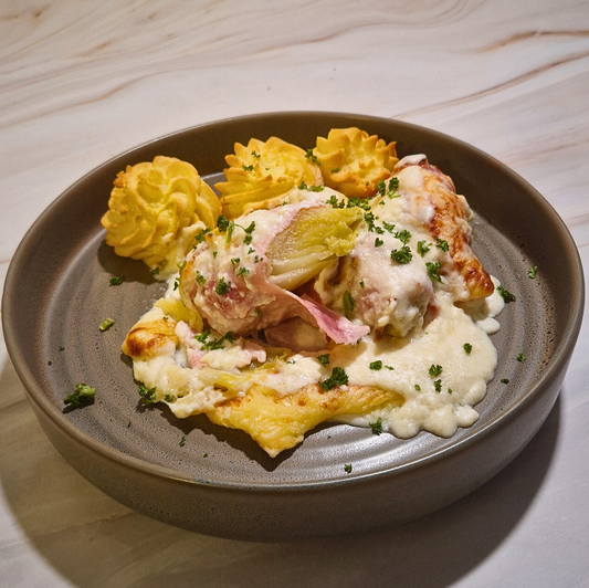 Gegratineerd witloof met Breydelham & aardappelpuree