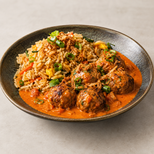 Asian meatballs met nasi goreng, romige tomaten-currysaus bij Arno's to go in Beveren