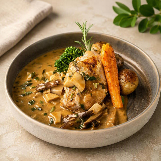 Parelhoenfilet met goudbruin gebakken krieltjes met rozemarijn en romige dragonsaus van Arno’s to go in Beveren.