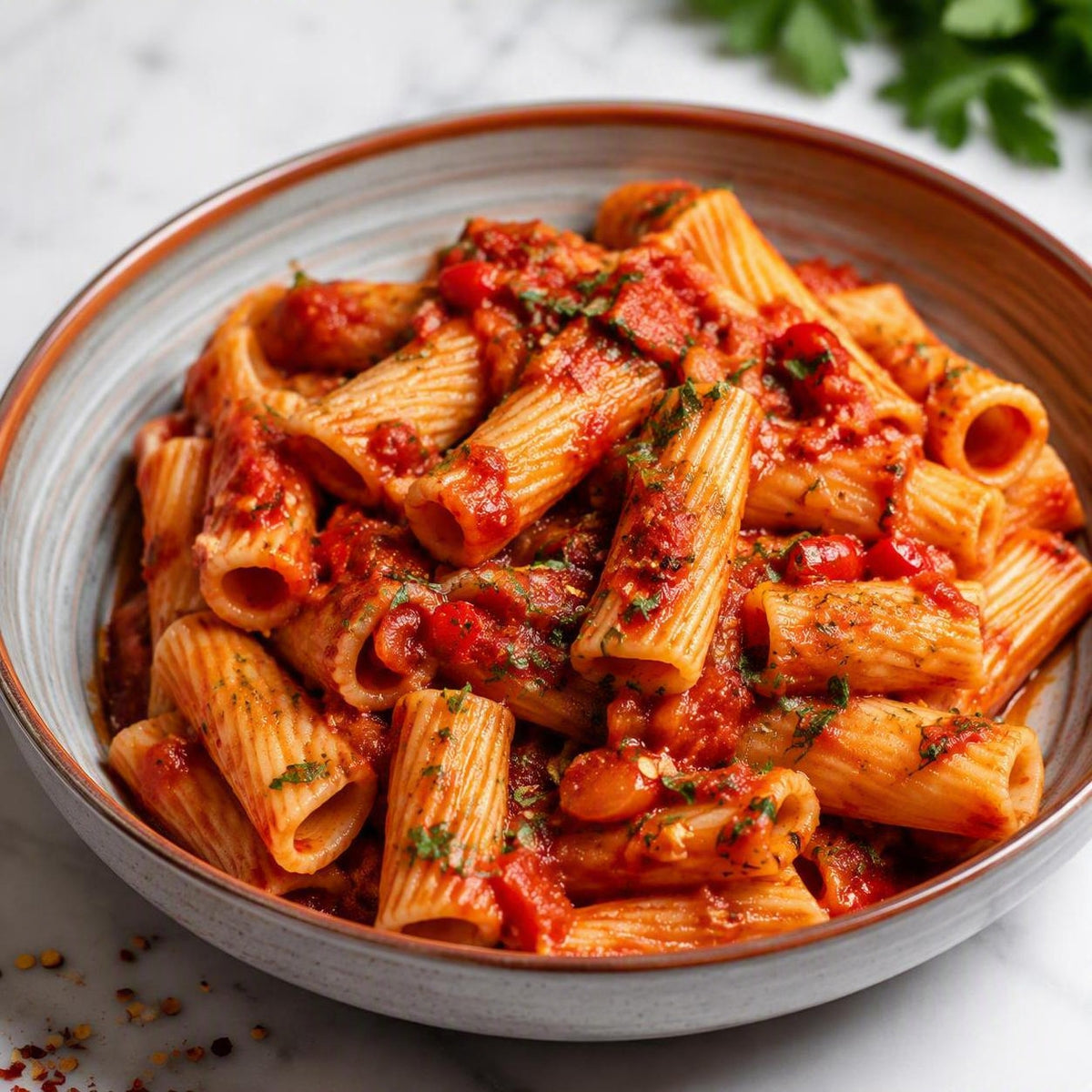 Pasta all’ arrabbiata met pittige tomatensaus en parmezaanse kaas van Arno’s to go in Beveren
