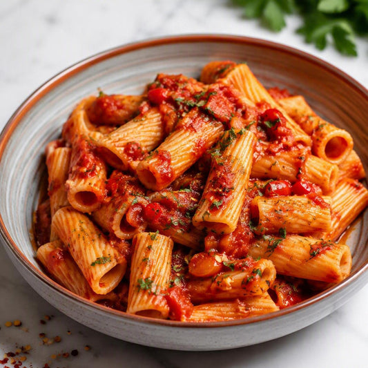 Pasta all’ arrabbiata met pittige tomatensaus en parmezaanse kaas van Arno’s to go in Beveren