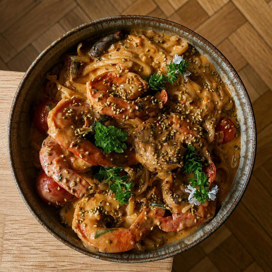 Thaise scampi met noedels bij Arno's to go in Beveren