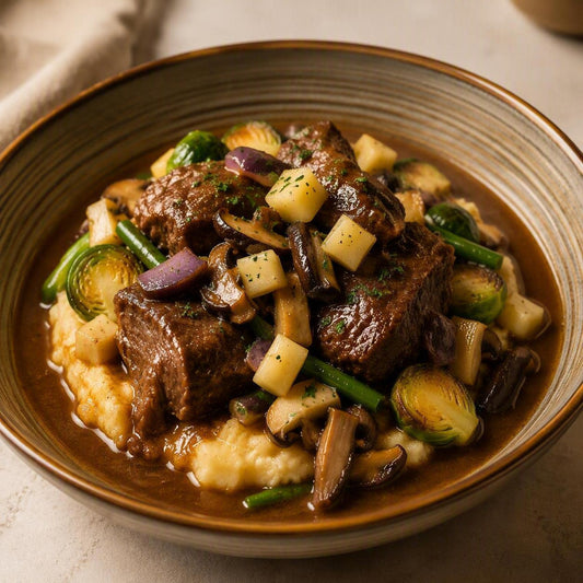 Varkenswangetjes, aardappelpuree met look en seizoensgroenten van Arno’s to go