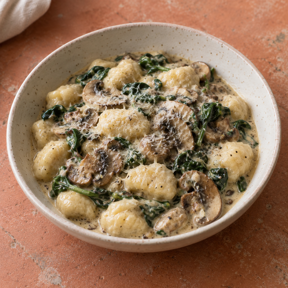 Gnocchi met truffelroomsaus, champignons en spinazie van Arno’s to go in Beveren