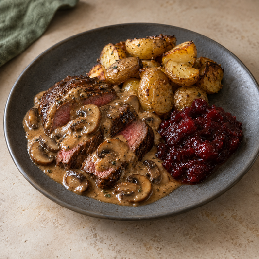 Hertensteak met rijke champignonsaus, veenbessencompote en krieltjes van Arno’s to go in Beveren