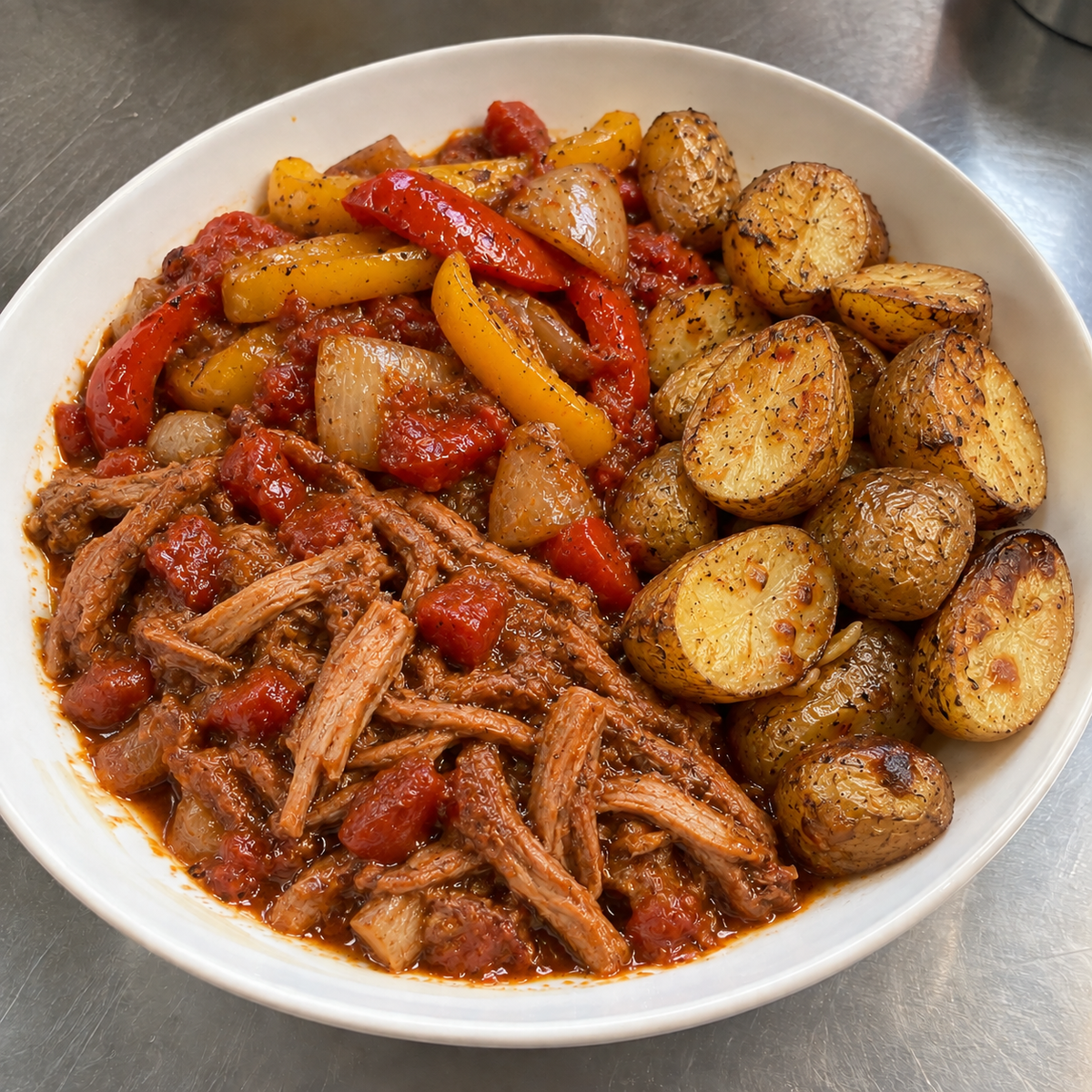 Pulled pork op z’n Mexicaans met paprika, ui en gekruide krieltjes van Arno’s to go in Beveren